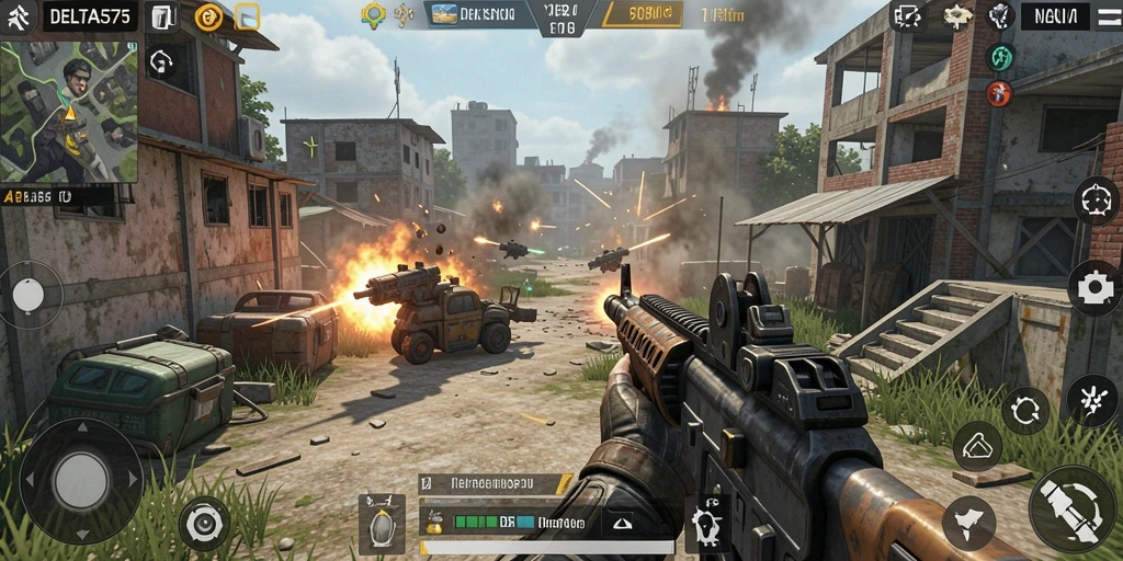 Tampilan gameplay intens dalam DELTA575 saat pertempuran berlangsung.