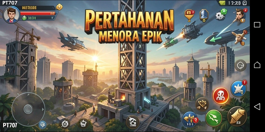 Tampilan gameplay PT707 yang mendebarkan dengan menara dan musuh.