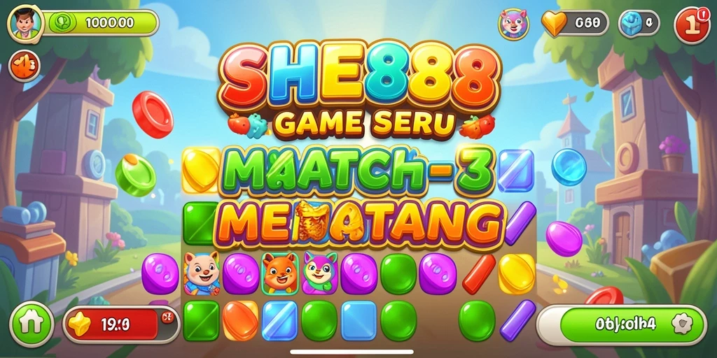 Screenshot gameplay SHE888 menampilkan tantangan Match-3 yang seru.