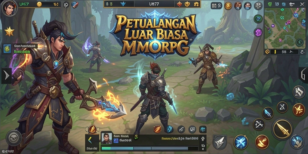 Screenshot gameplay UH77 menampilkan pertarungan epik antar karakter MMORPG.